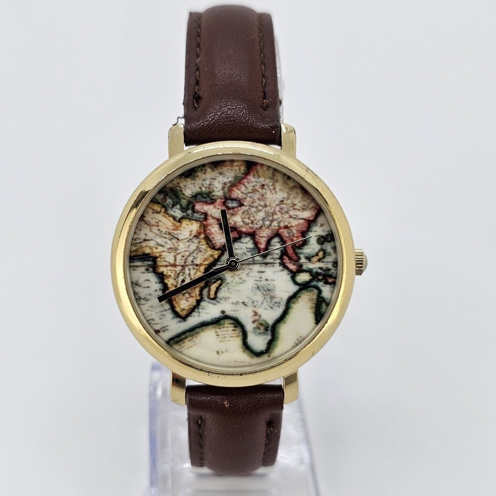 Women's World Map Watch 36MM Multicolor Dial Brown Leather Bands NEW Battery